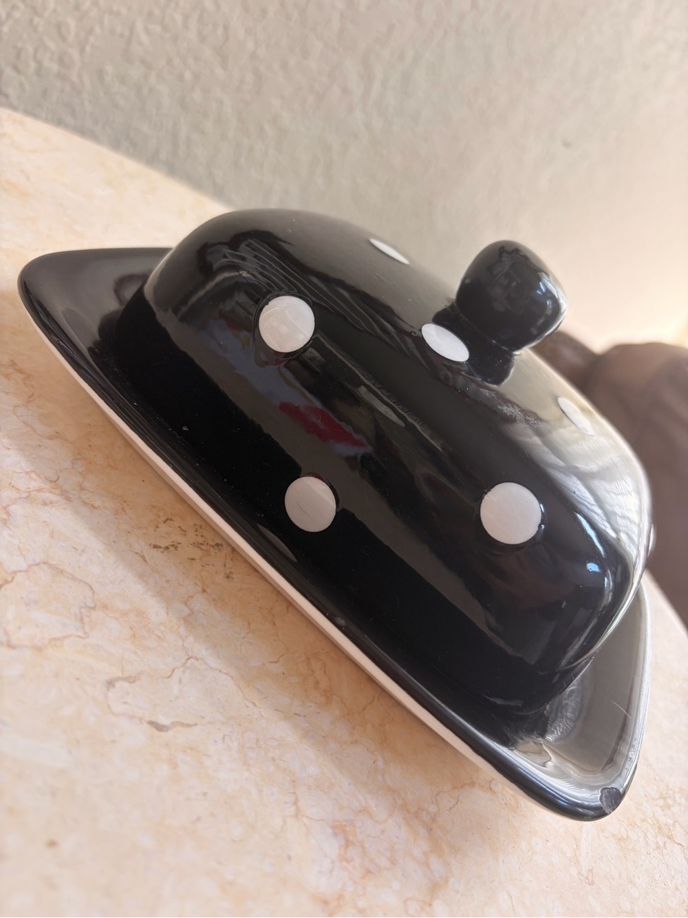 Black Polka Dot Ceramic Butter Dish with White Accents